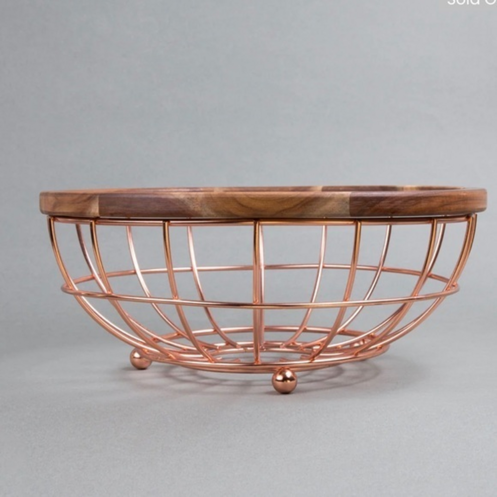 Acacia Wood and‎ Wire Fruit Basket with Copper Finish